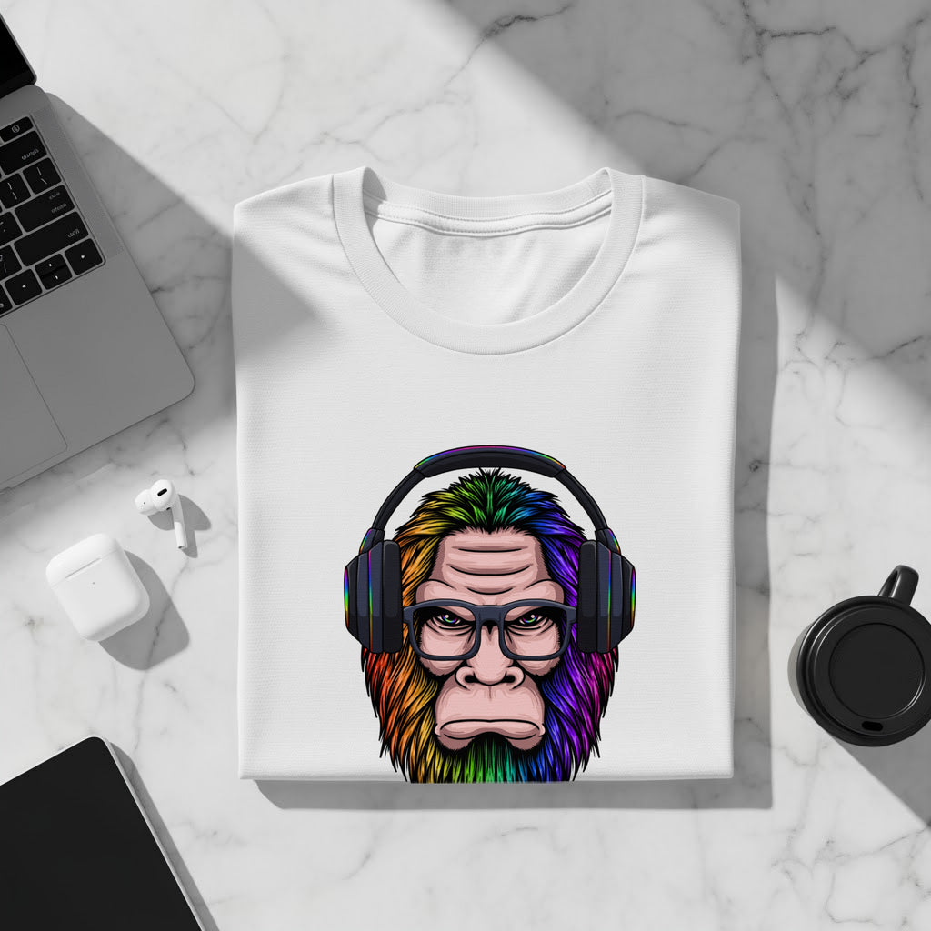 White t-shirt with a rainbow-maned gorilla wearing headphones and glasses.