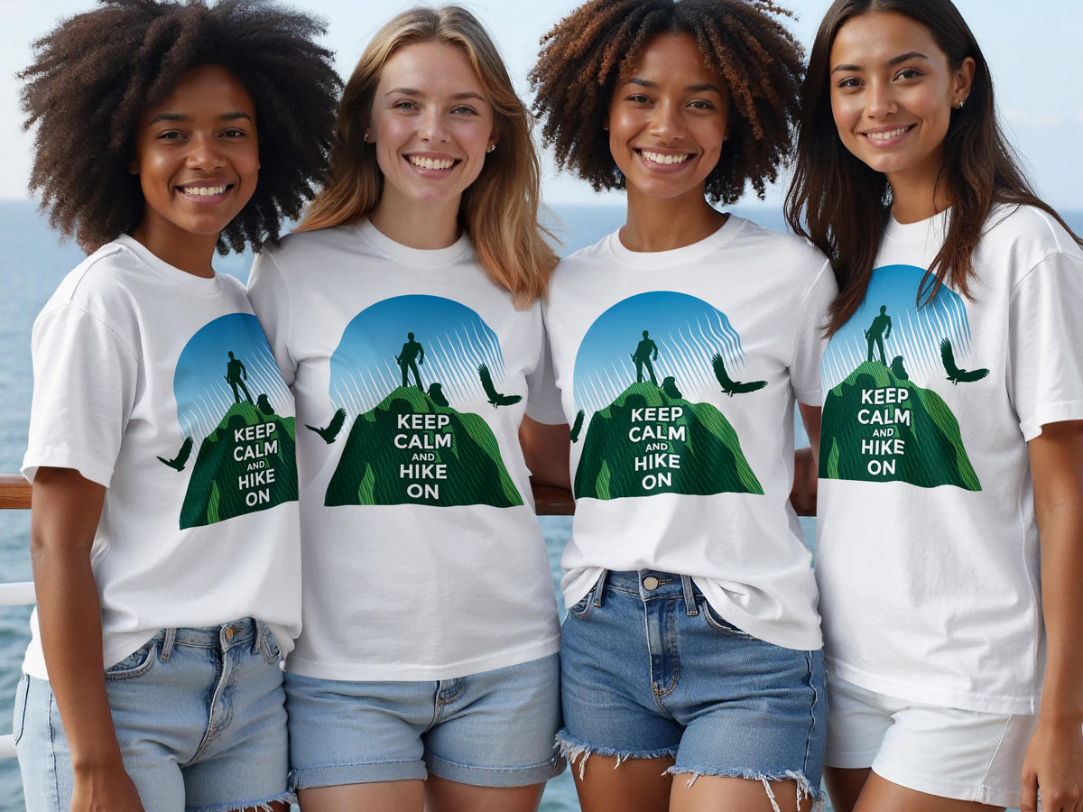 Four women wear white t-shirts with a mountain graphic and text "KEEP CALM AND HIKE ON".