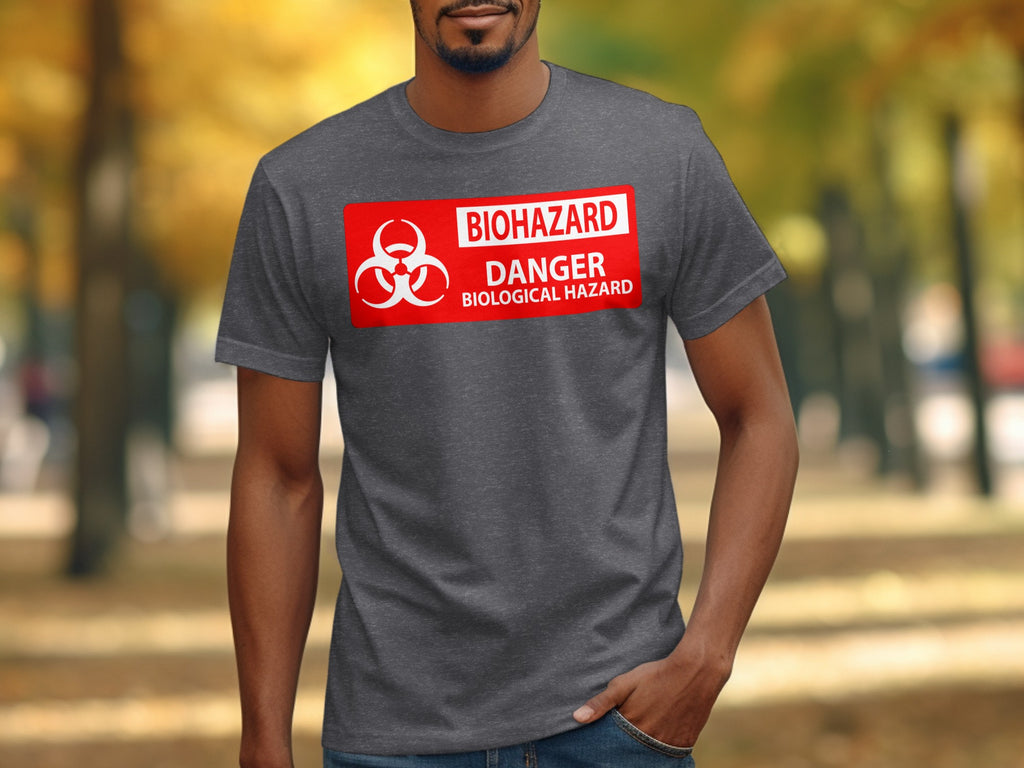 Dark grey t-shirt with a red biohazard danger biological hazard warning sign.