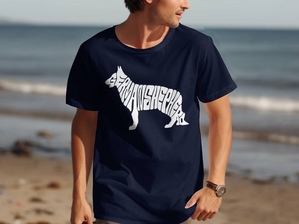 Navy t-shirt with white German Shepherd silhouette made of text on a beach.