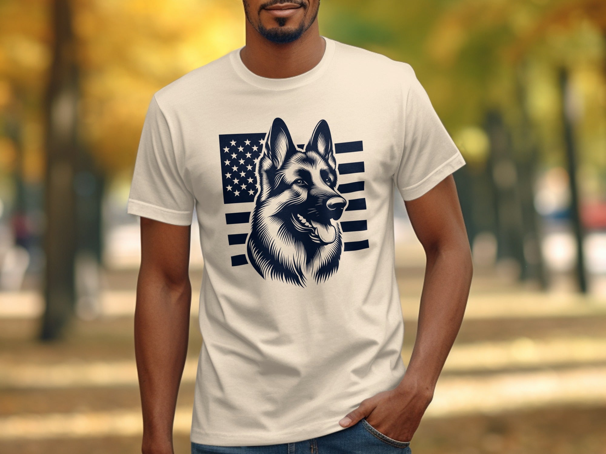 Cream t-shirt with a German Shepherd head against an American flag graphic.