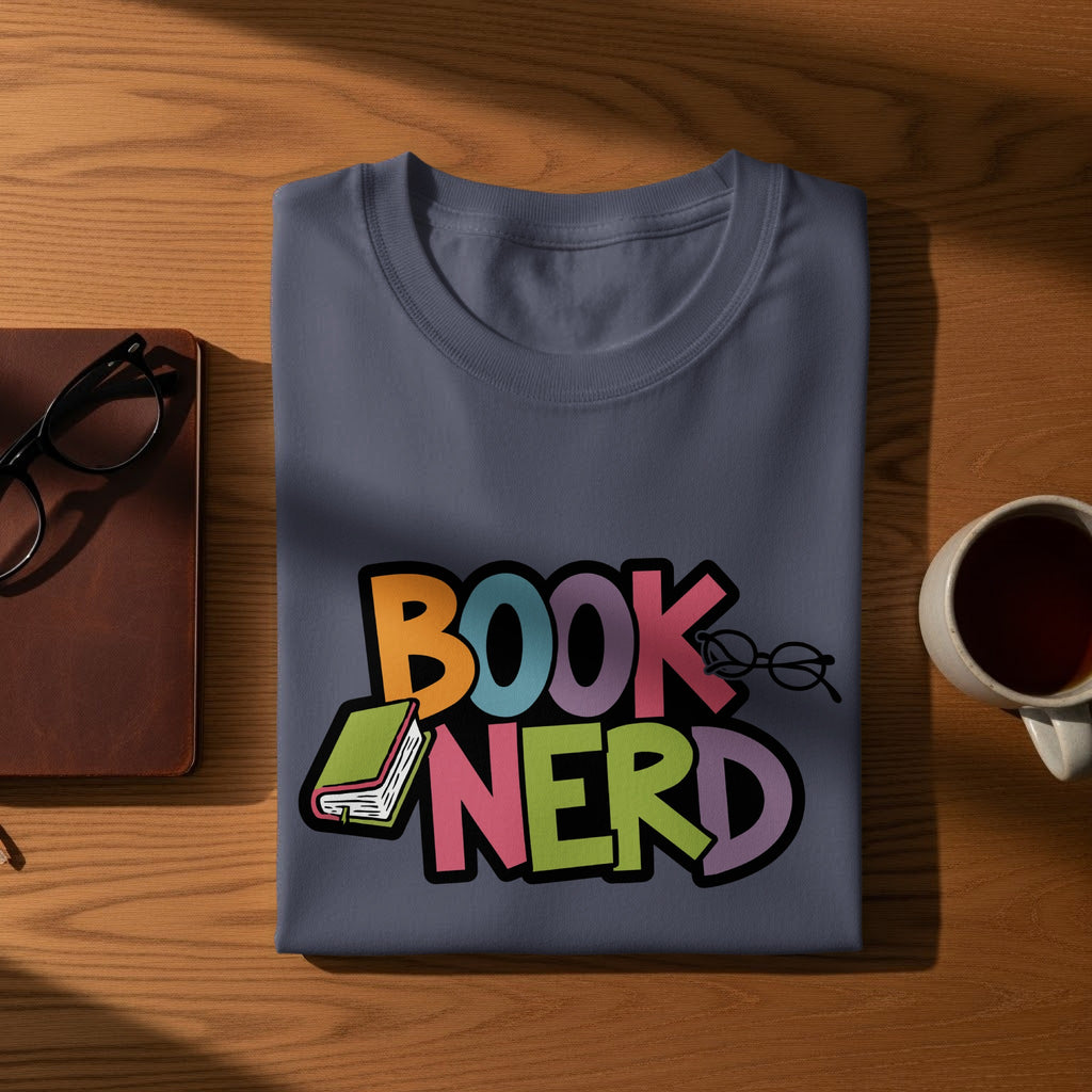 Grey t-shirt with colorful "Book Nerd" text and an open book graphic.