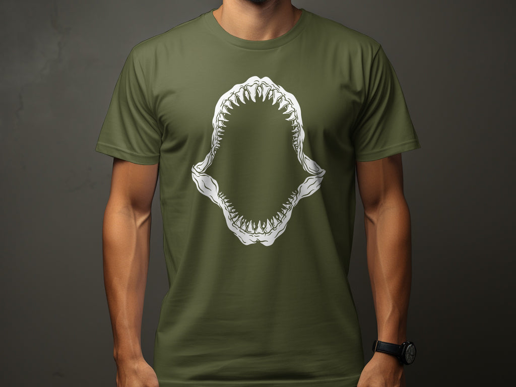 Olive green t-shirt with a white shark jaw graphic on the front.