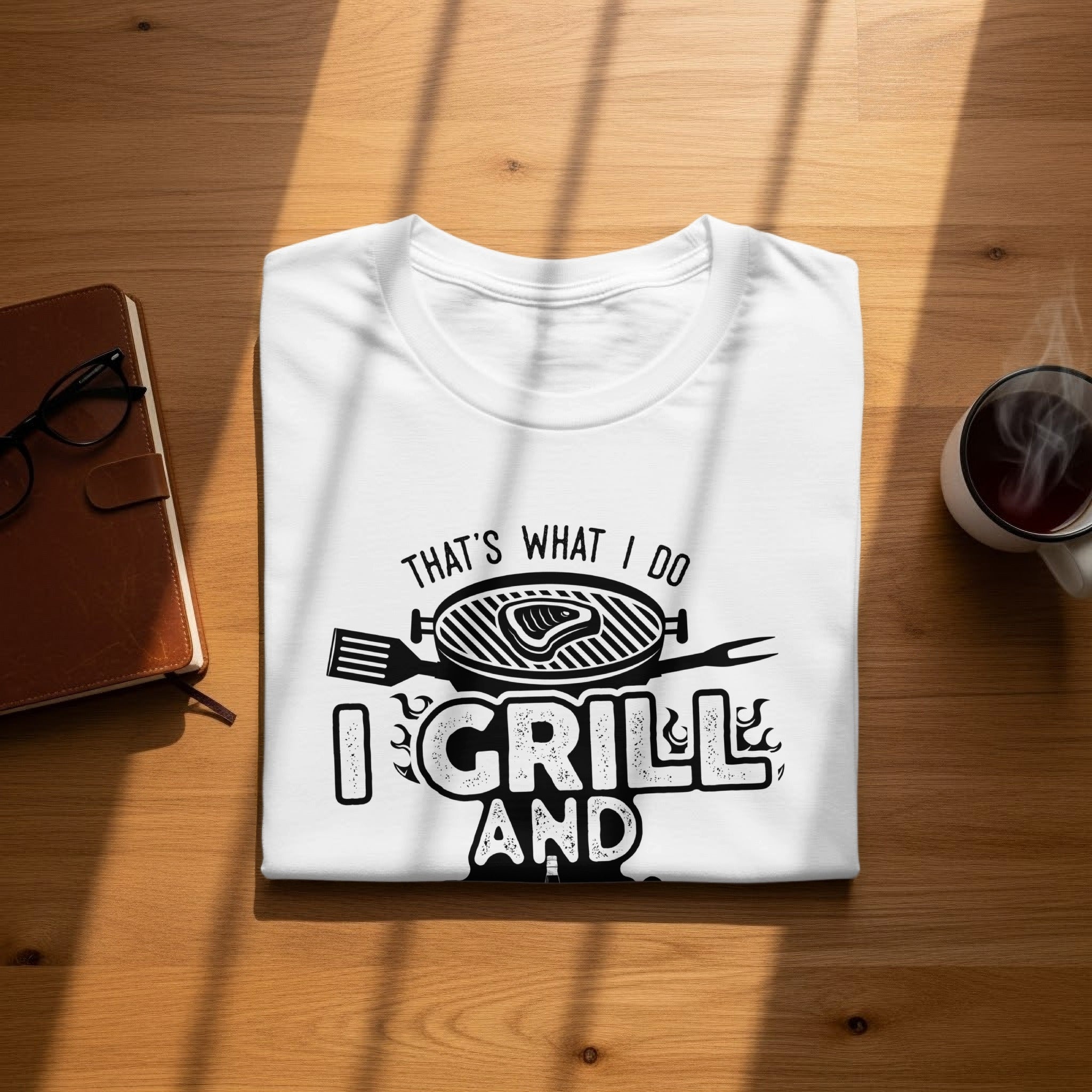White t-shirt with "That's What I Do I Grill And" text and grill graphic.