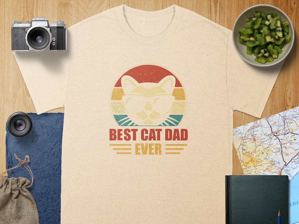 Cream t-shirt with retro cat graphic and "Best Cat Dad Ever" text.