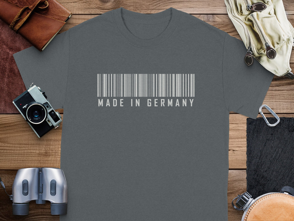 Gray t-shirt with white barcode and "MADE IN GERMANY" text.