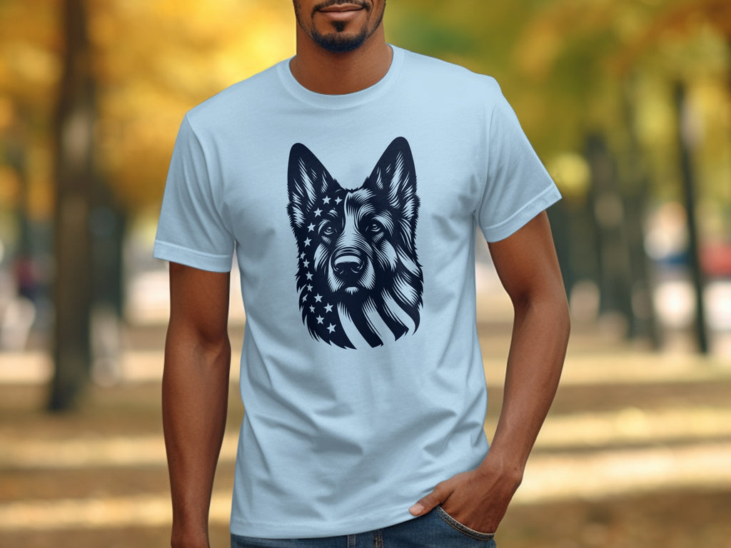 Light blue t-shirt with a graphic of a dog's face superimposed with the American flag.