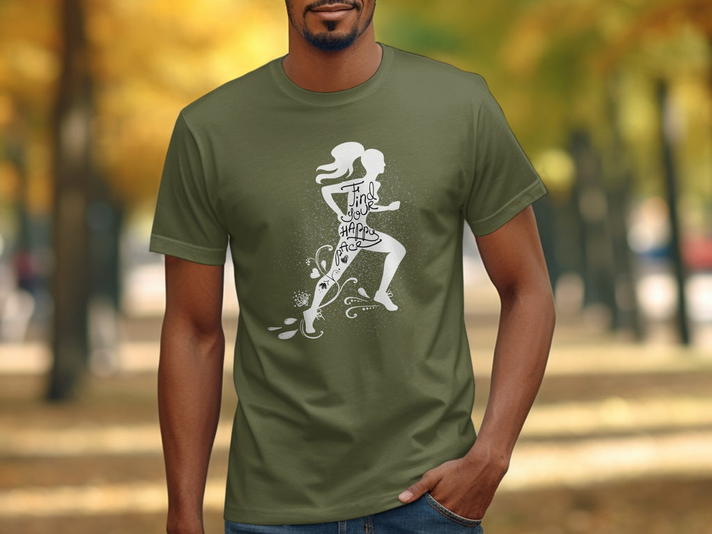 Green t-shirt with white running silhouette and text "Find your happy pace."