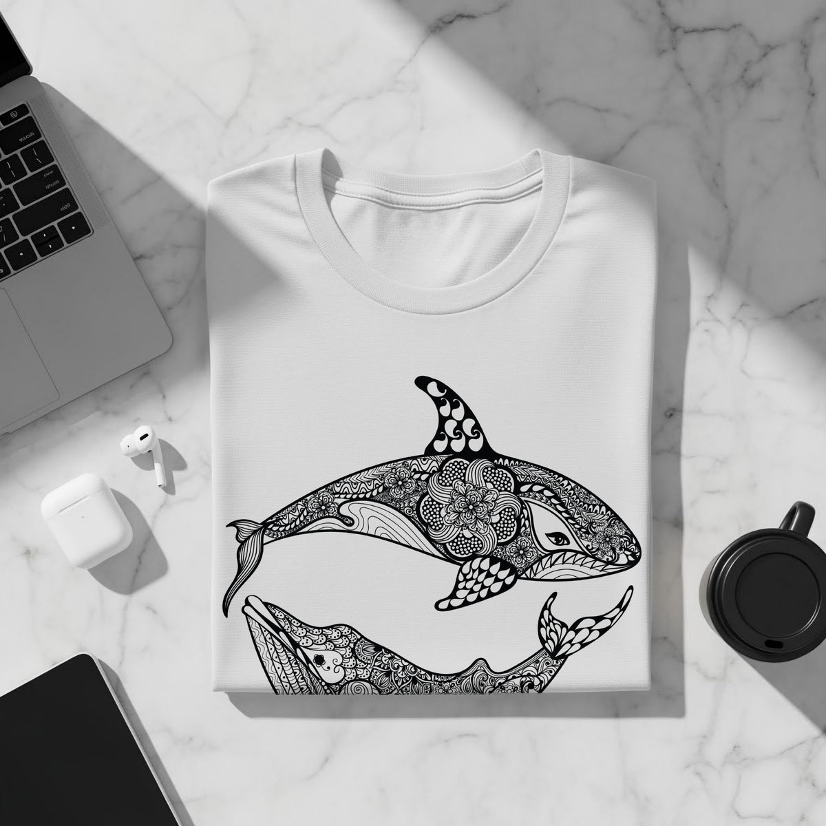 White t-shirt featuring a black and white orca and whale design with intricate patterns.