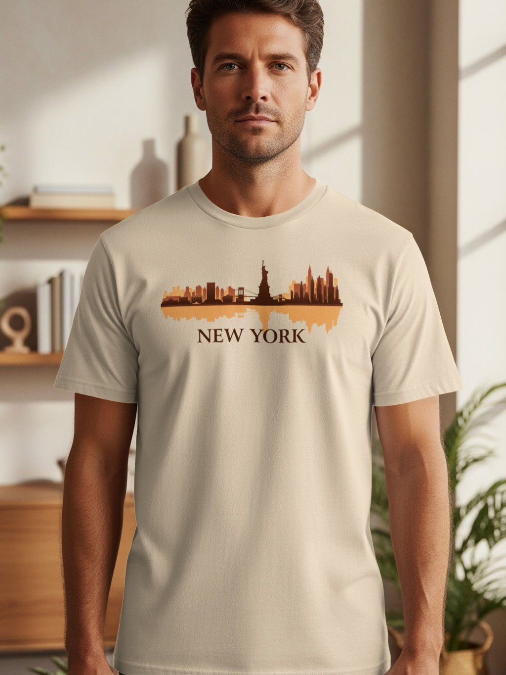 Tan t-shirt featuring a New York City skyline graphic with text.