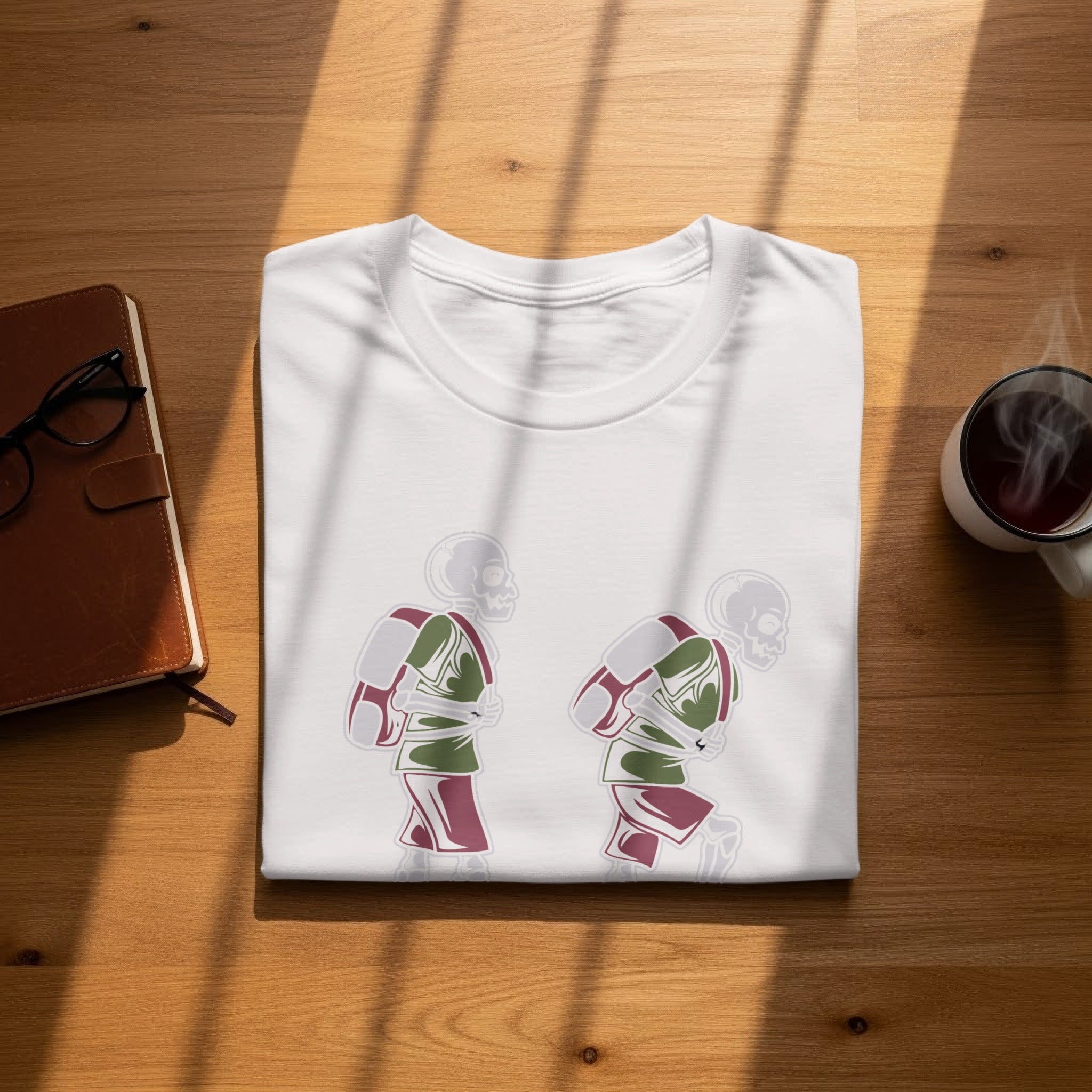 White t-shirt with two skeleton figures in green and maroon athletic wear.