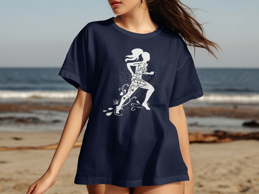 Navy t-shirt with white graphic of a runner and text that reads "Find Your Happy Place".