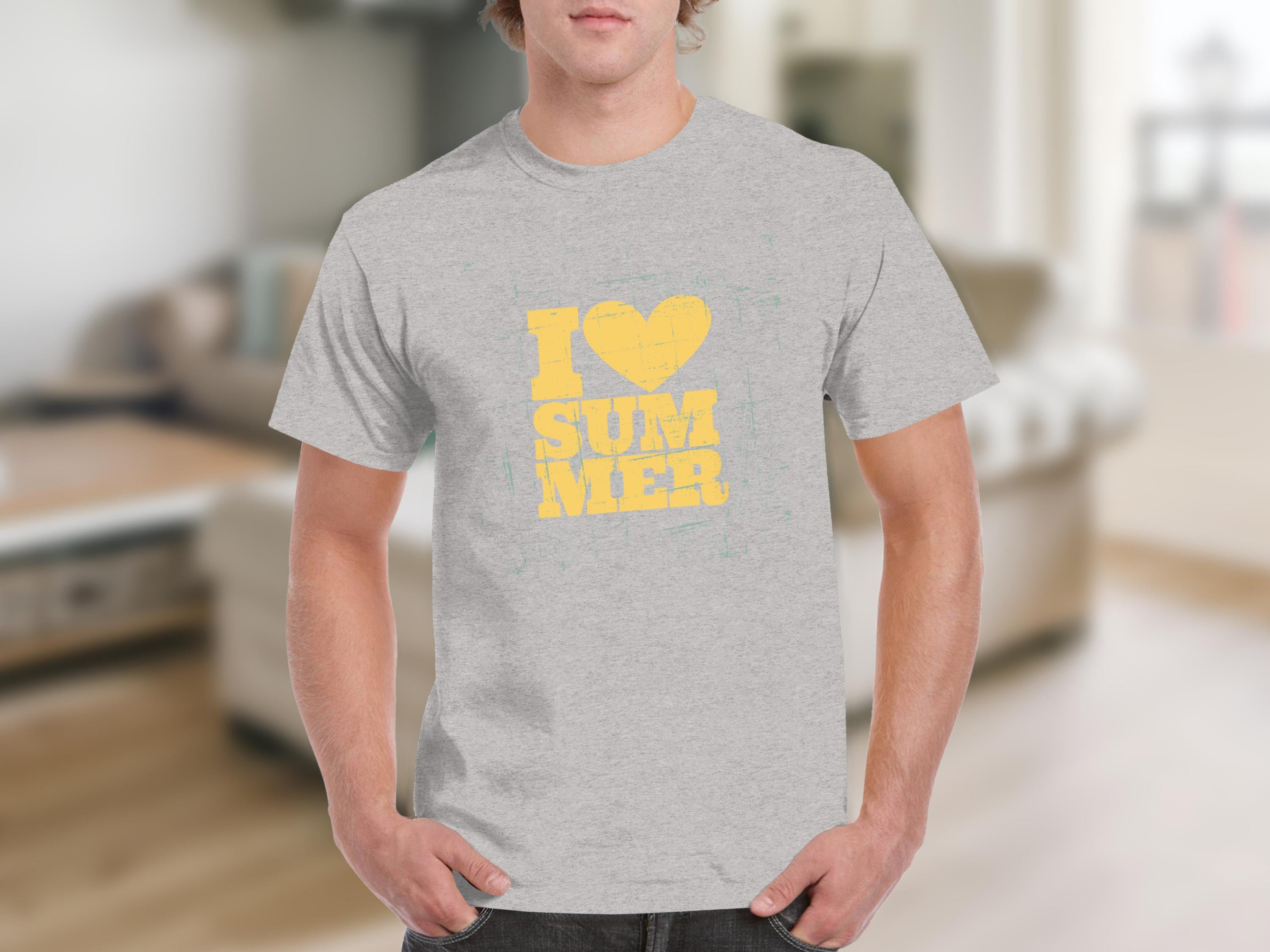 Grey t-shirt featuring yellow text and heart graphic that says "I love summer".