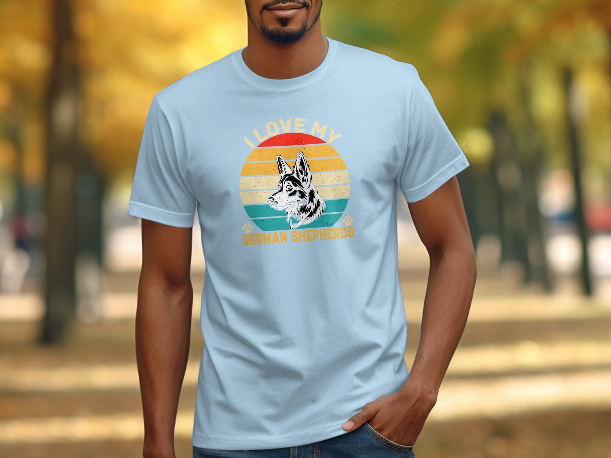 Light blue t-shirt with German Shepherd head graphic and text: "I LOVE MY GERMAN SHEPHERDS".