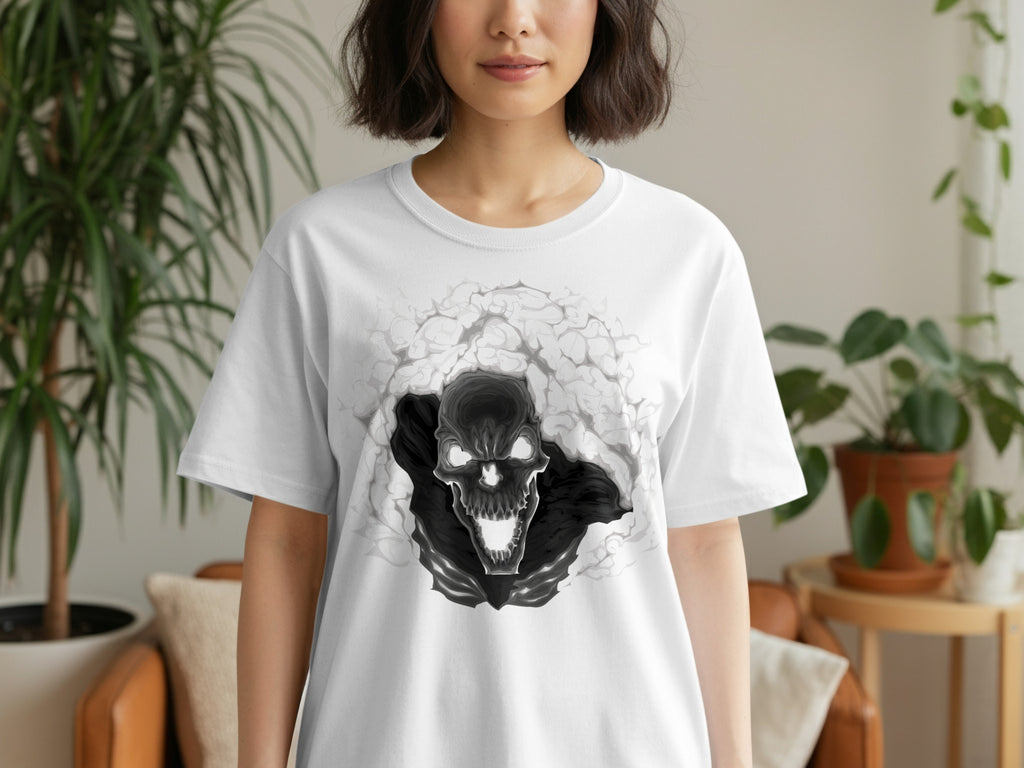 White t-shirt with a black and grey skull emerging from smoke graphic.