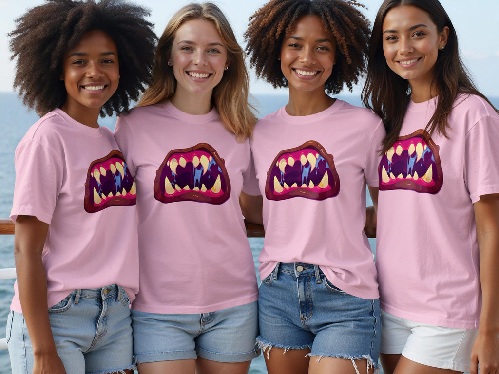 Four women wearing pink t-shirts with a cartoon monster mouth graphic.