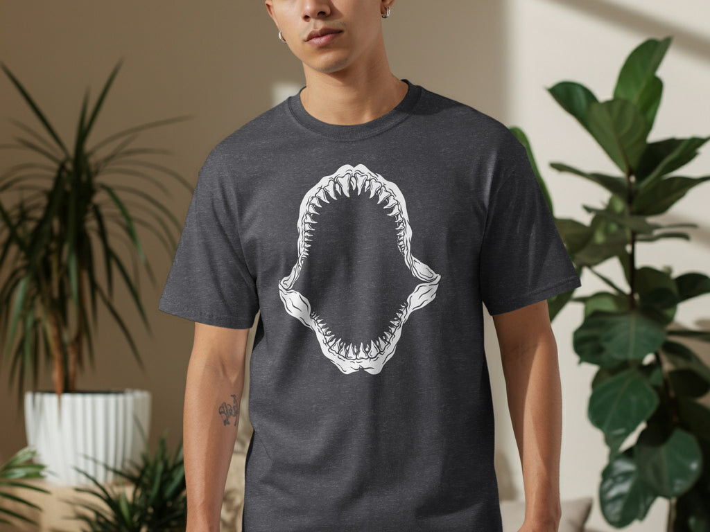 Dark grey t-shirt with a white shark jaw graphic on the front.