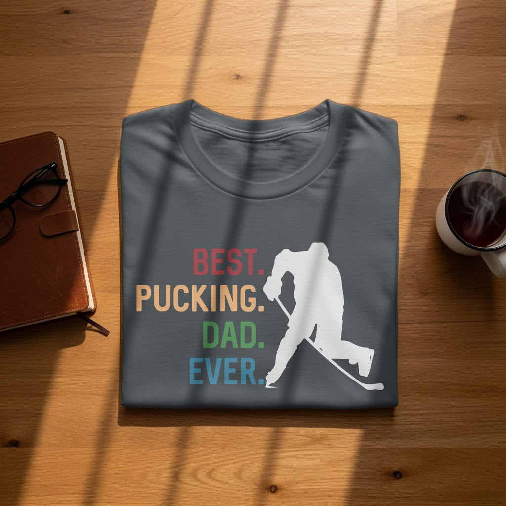 Dark t-shirt with white hockey player silhouette and text "BEST. PUCKING. DAD. EVER."