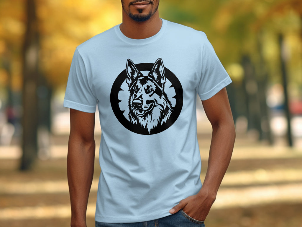 Light blue t-shirt with a black and white German Shepherd head graphic design.
