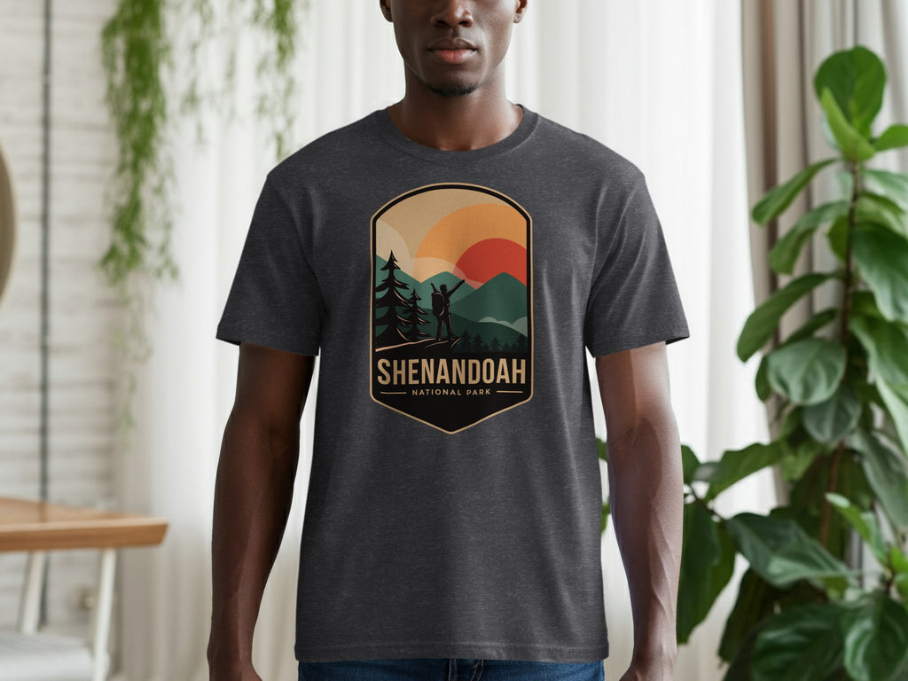 Shenandoah National Park graphic on a dark grey t-shirt with a hiker and mountains.
