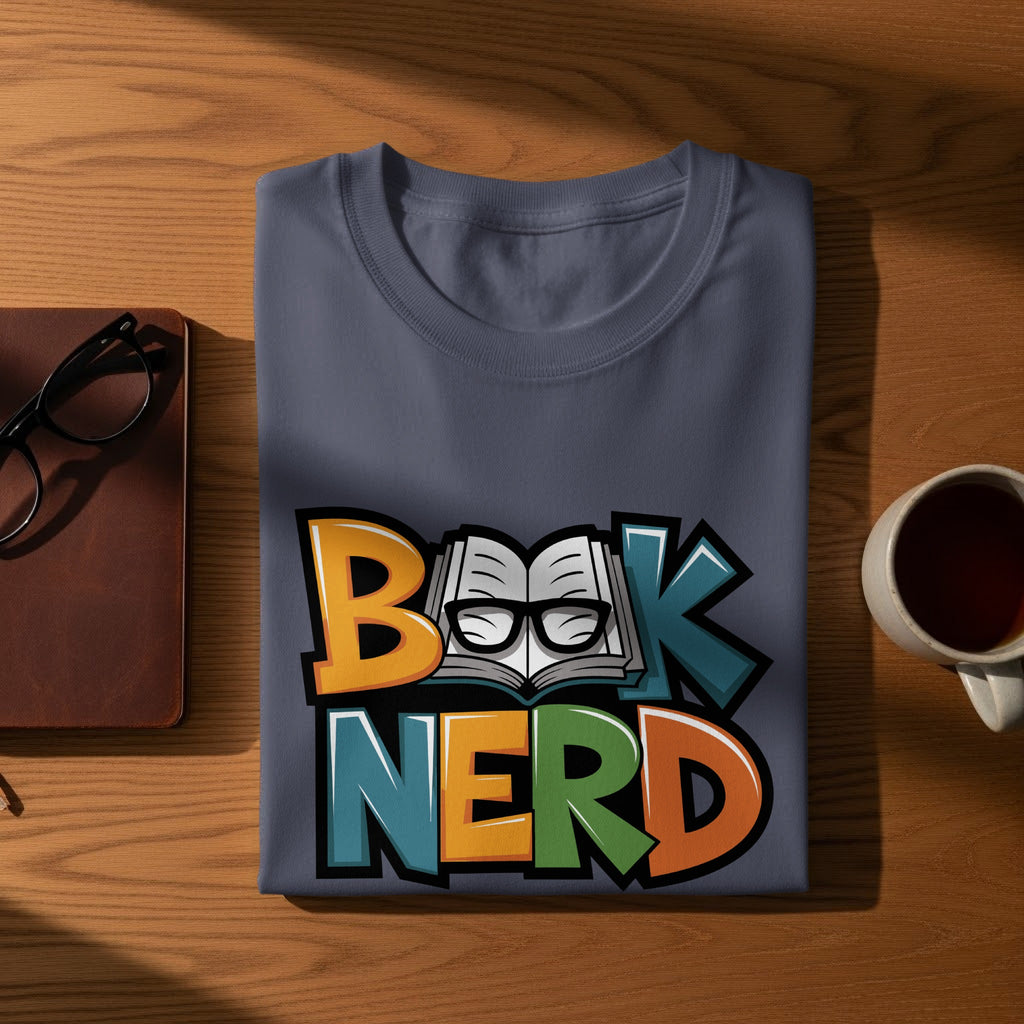 T-shirt with "Book Nerd" text featuring an open book and glasses.