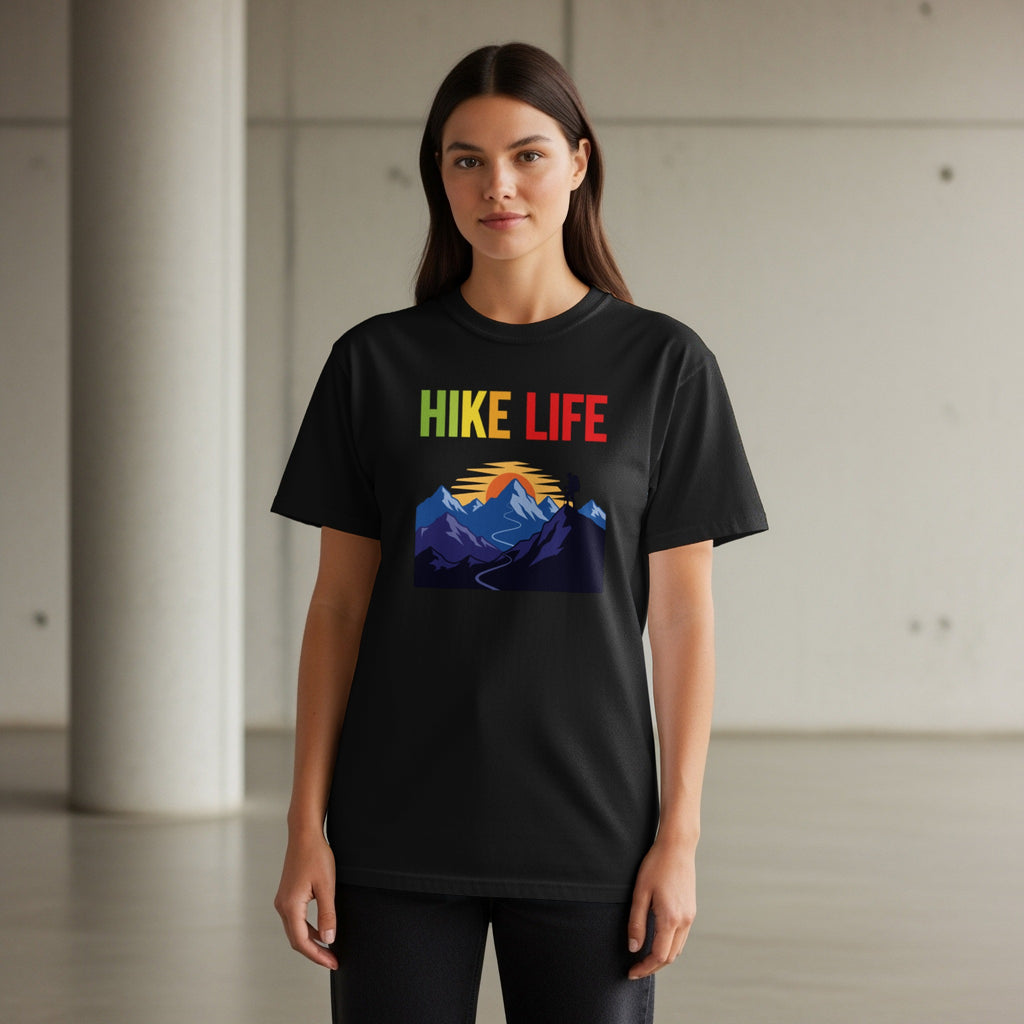 Black t-shirt with colorful "Hike Life" text and mountain graphic.