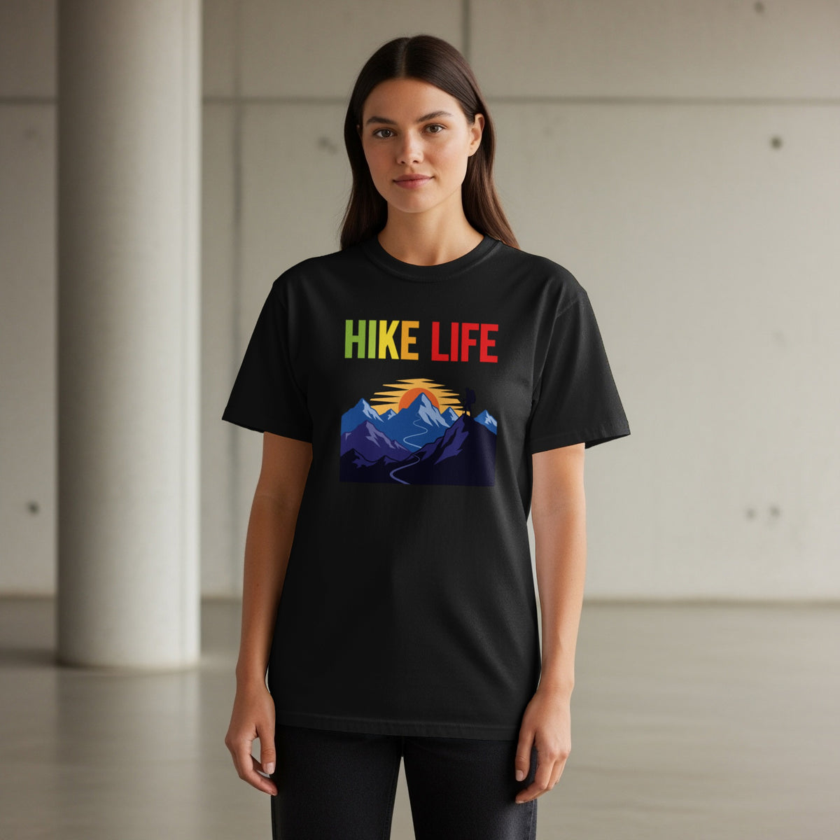 Black t-shirt with colorful "Hike Life" text and mountain graphic.