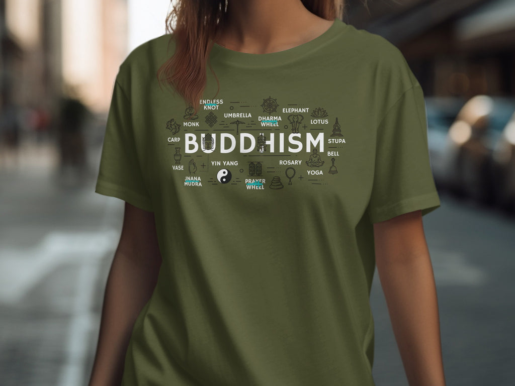 Olive green t-shirt with "BUDDHISM" and surrounding symbols in white.