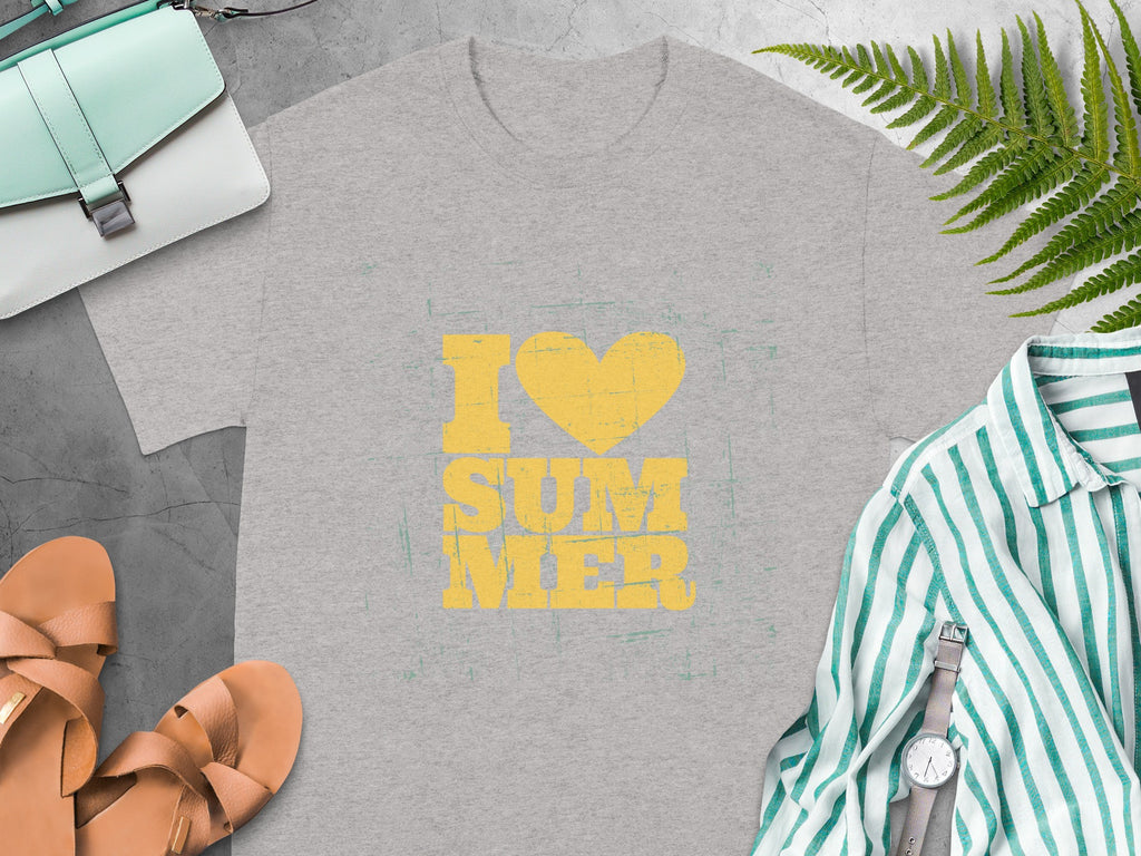 Grey t-shirt with yellow "I LOVE SUMMER" graphic and distressed effect.