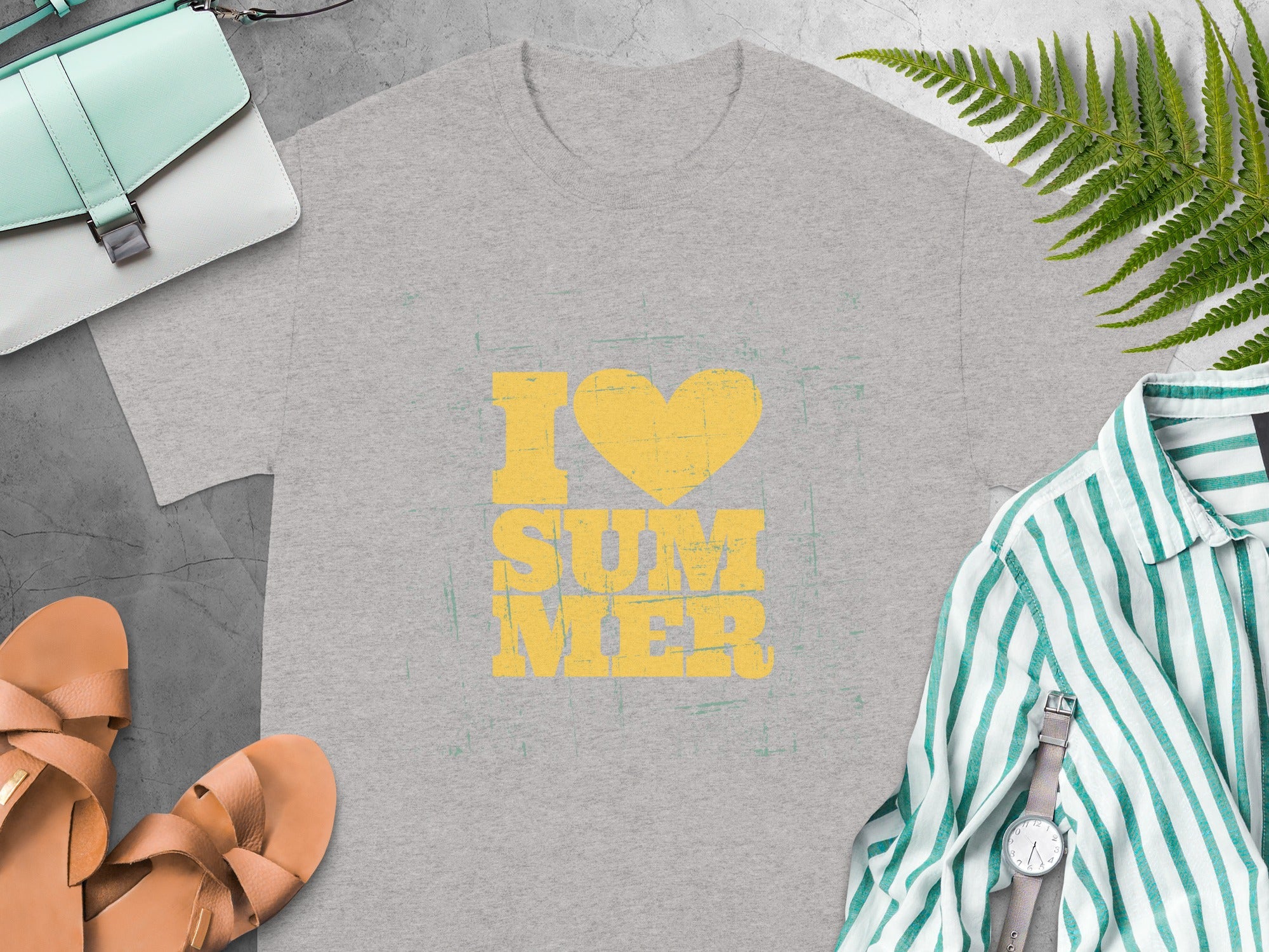 Grey t-shirt with yellow "I LOVE SUMMER" graphic and distressed effect.