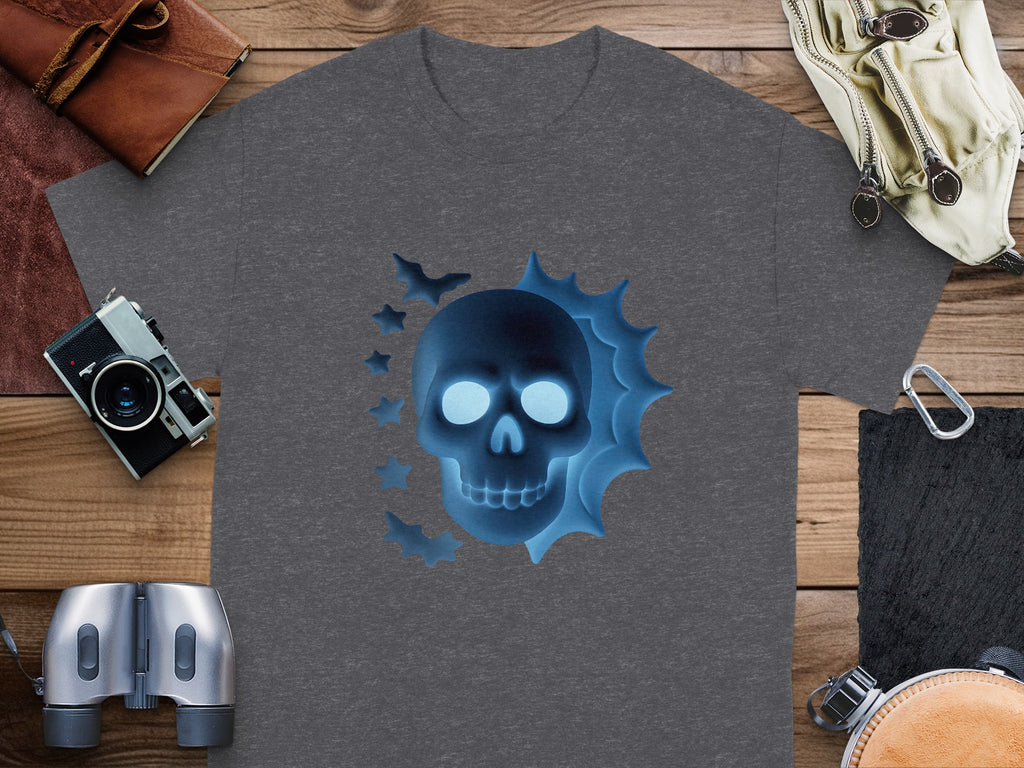 Gray t-shirt with a blue glowing skull and bats design.