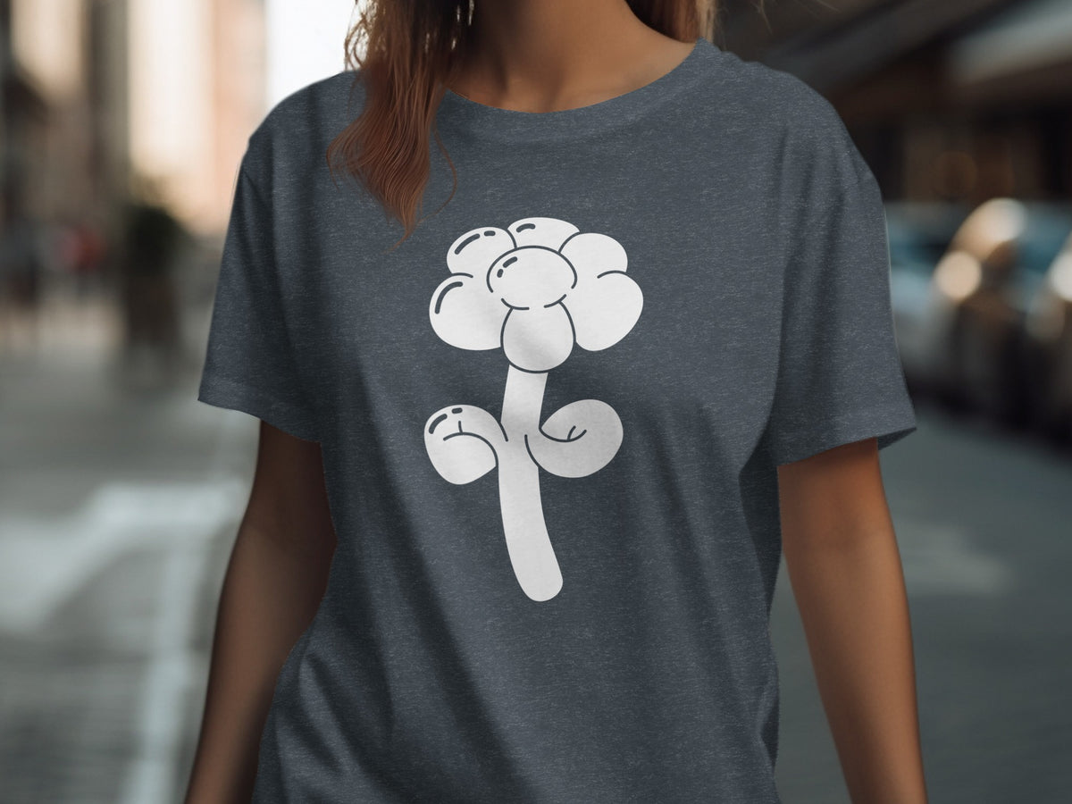 Dark grey t-shirt with a white balloon flower graphic on the front.