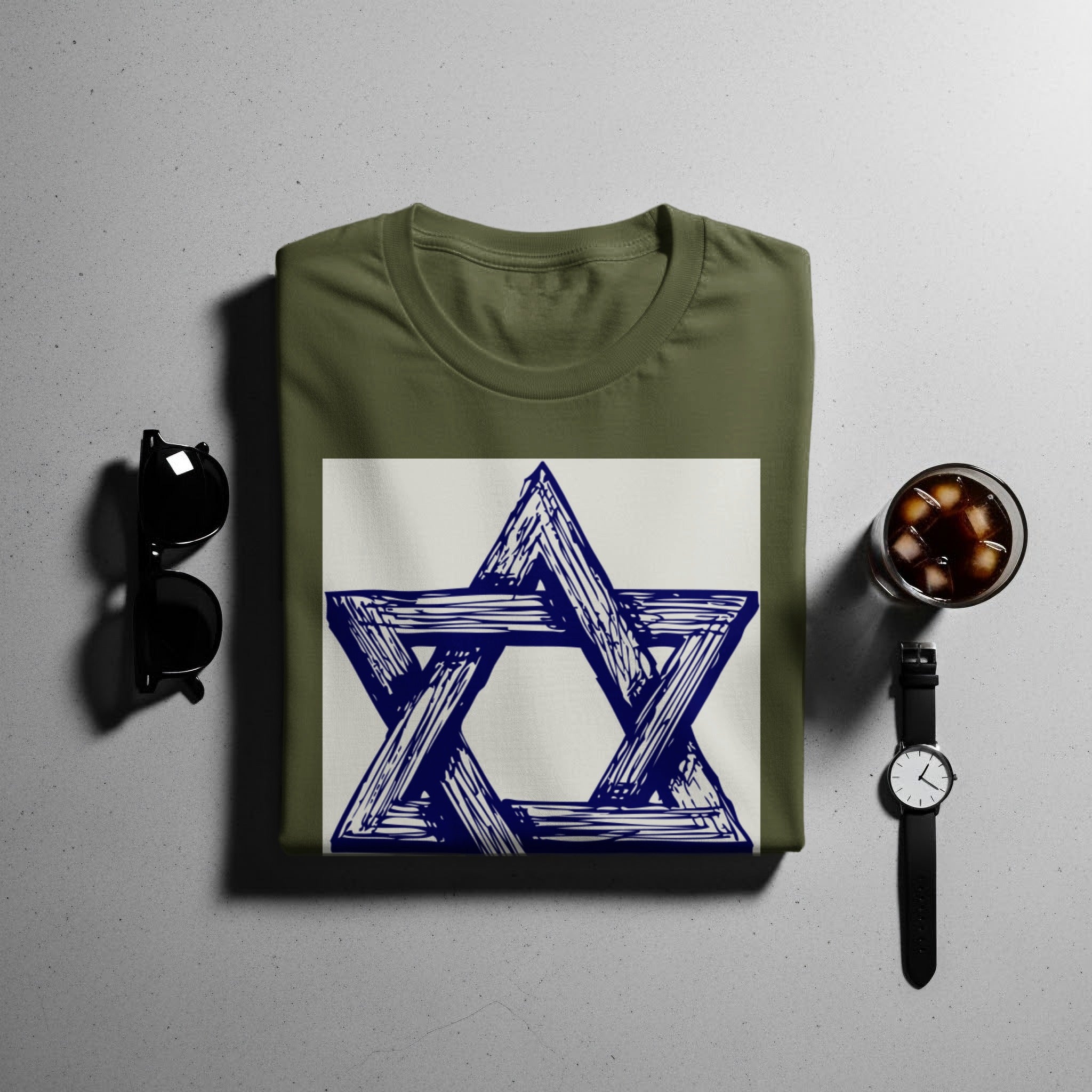 Olive green t-shirt with a hand-drawn blue Star of David graphic.