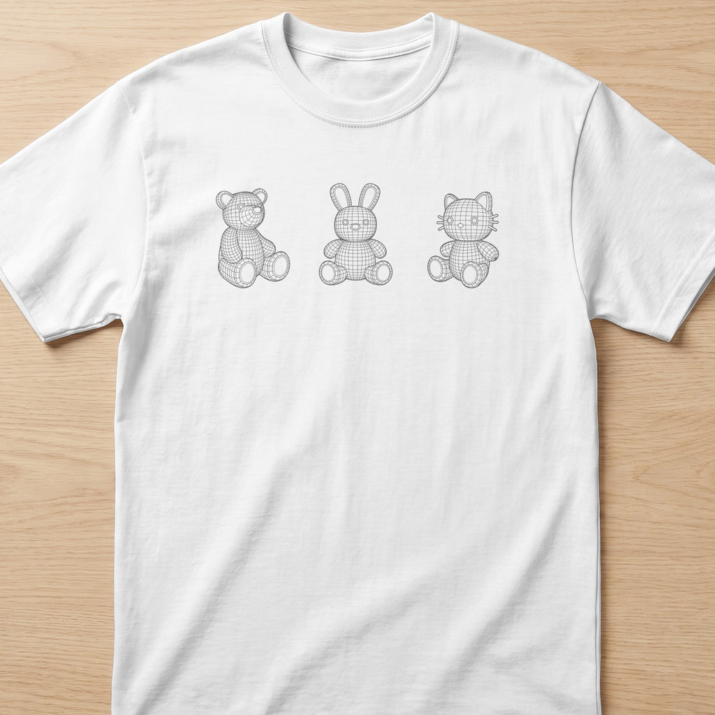 White t-shirt with wireframe drawings of a bear, rabbit, and cat.