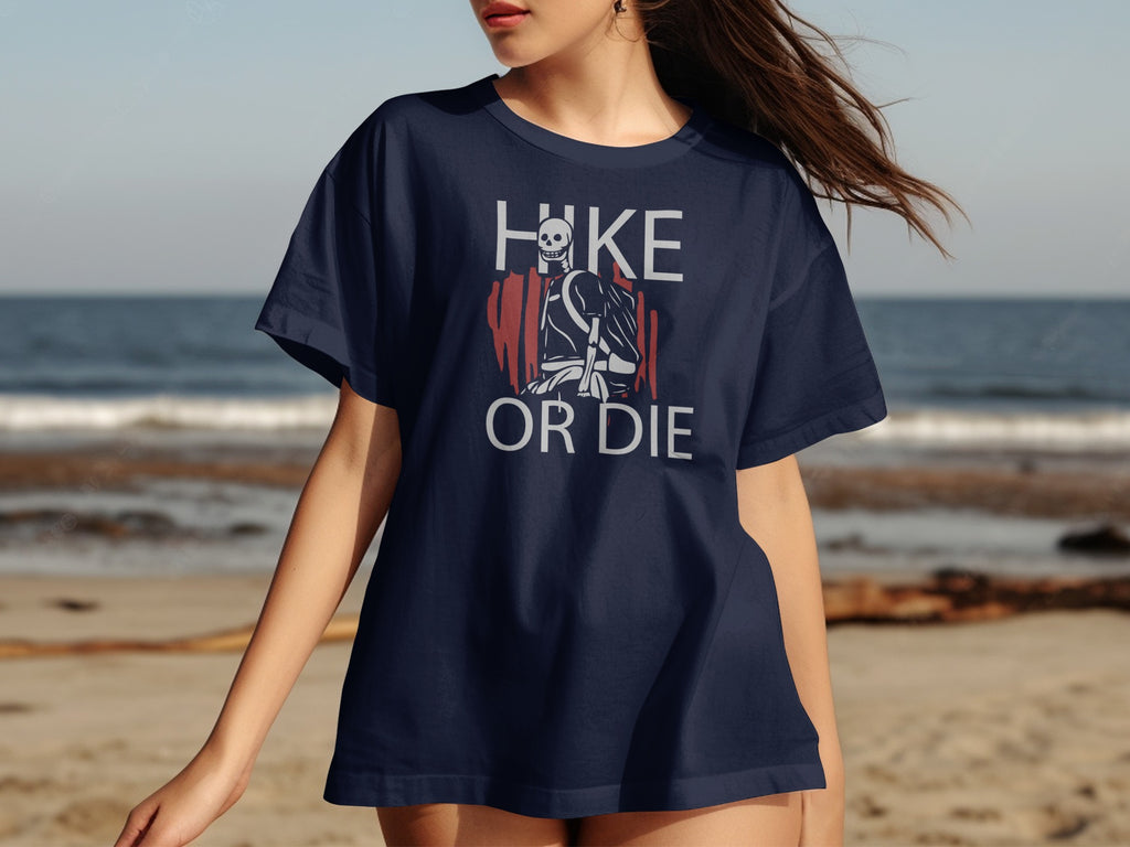 Navy t-shirt with a skeleton graphic and text that reads "HIKE OR DIE".