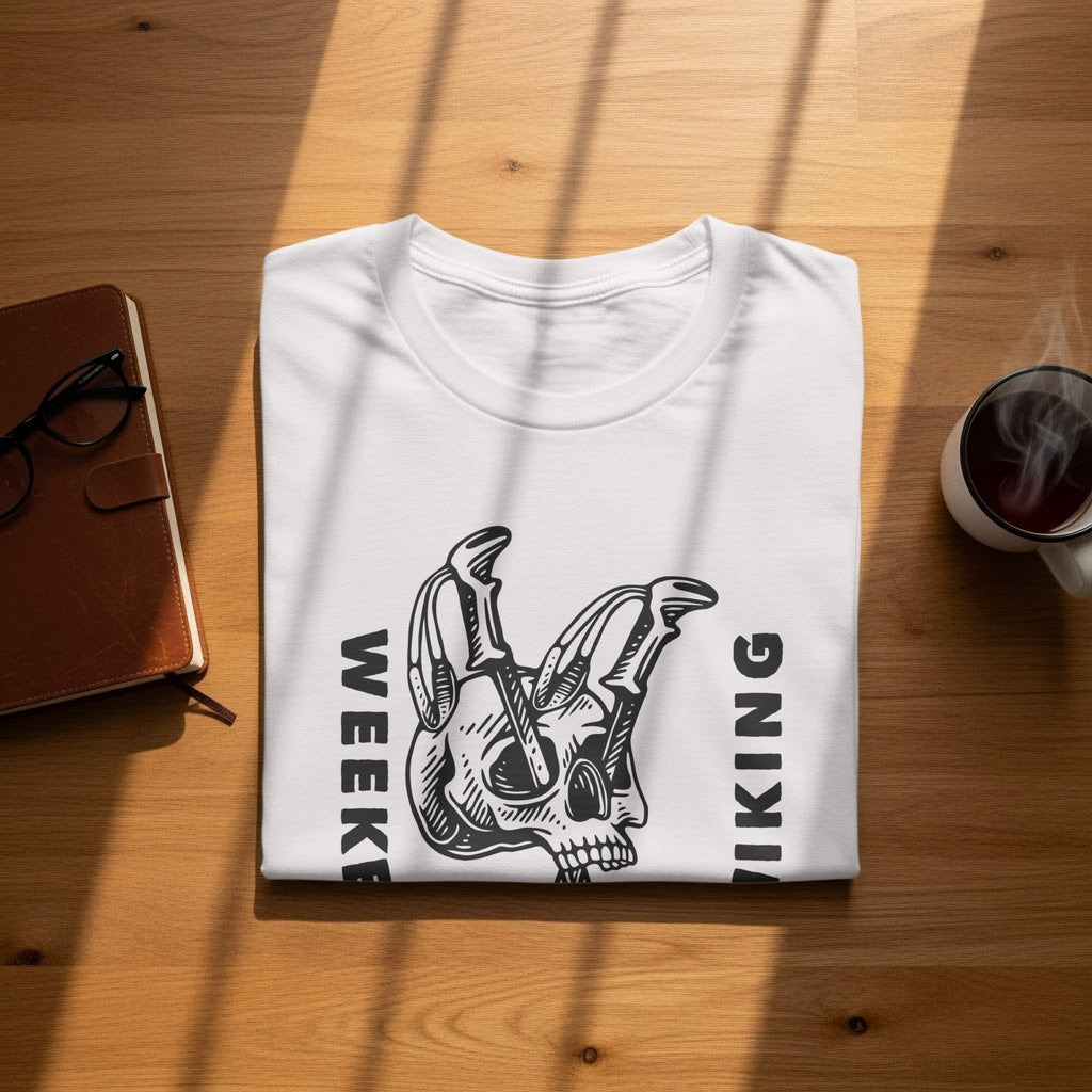 White t-shirt with a black graphic of a skull and the words "WEEKEND" and "KING".