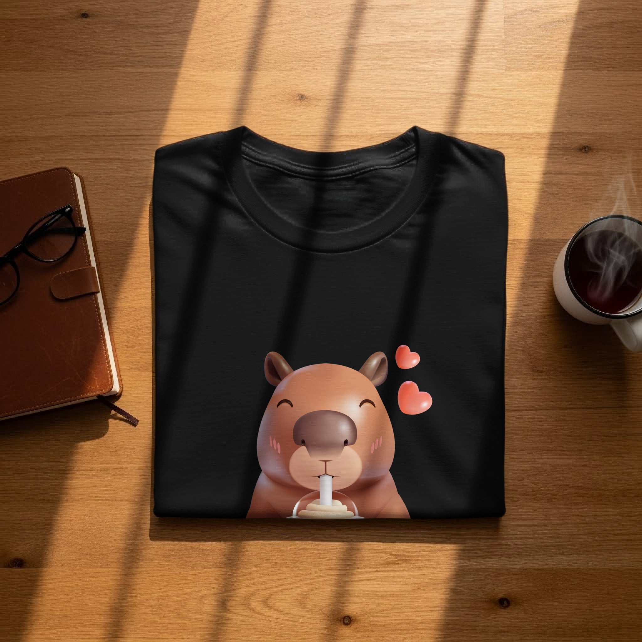 Black t-shirt with a cartoon capybara drinking from a cup, with pink hearts.