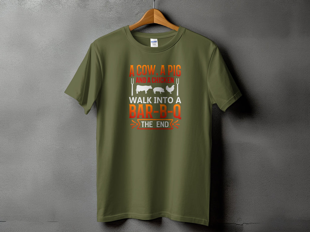 Green t-shirt with "A cow, a pig, and a chicken walk into a Bar-B-Q the end" text and icons.