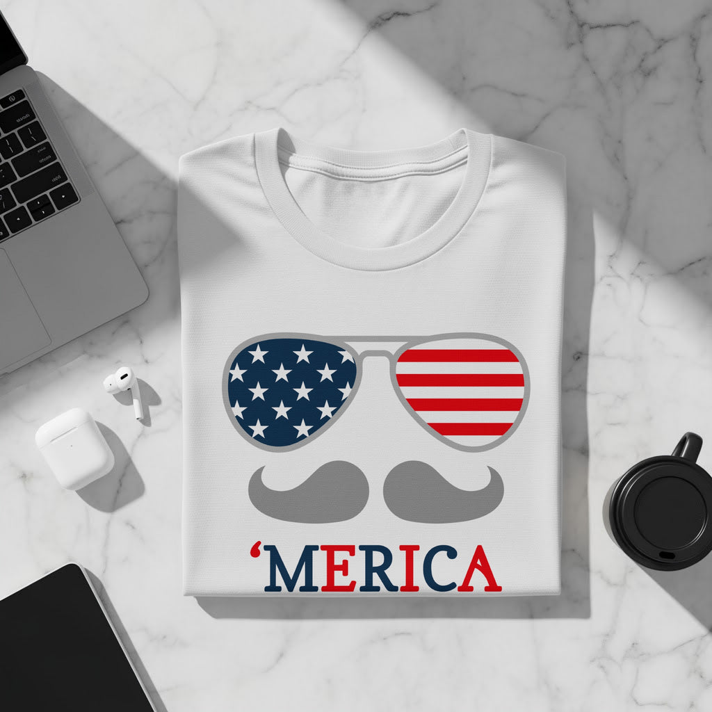 White t-shirt with American flag sunglasses, mustache, and 'MERICA text.
