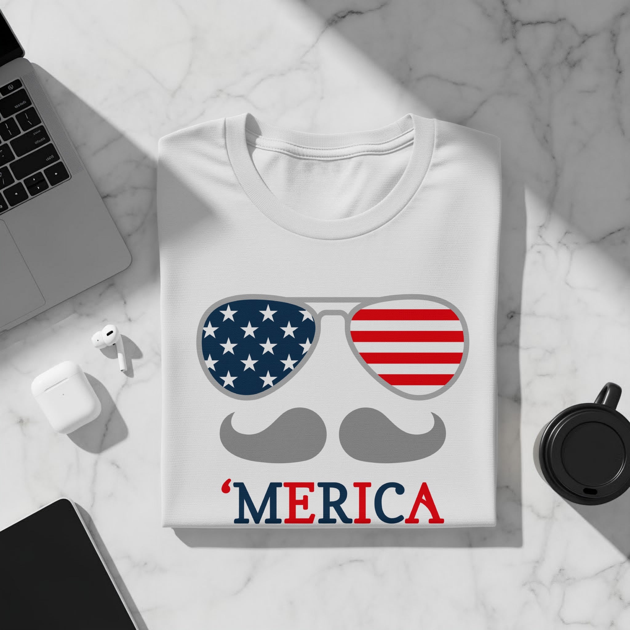White t-shirt with American flag sunglasses, mustache, and 'MERICA text.
