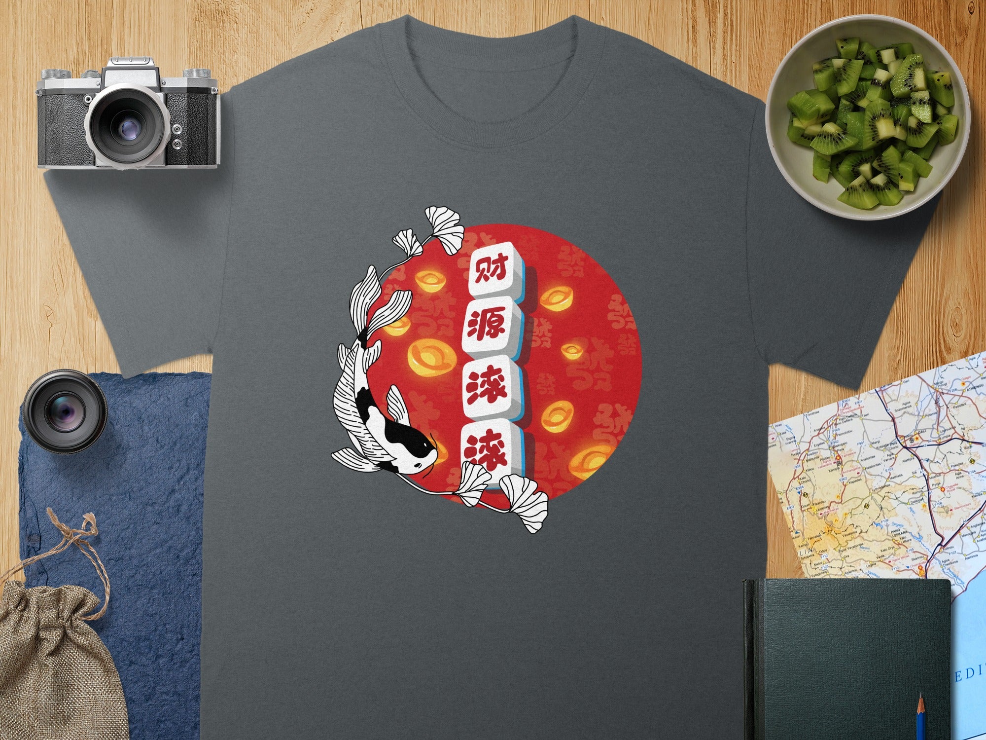 Grey t-shirt with a koi fish, ginkgo leaves, and Chinese characters 财源滚滚.