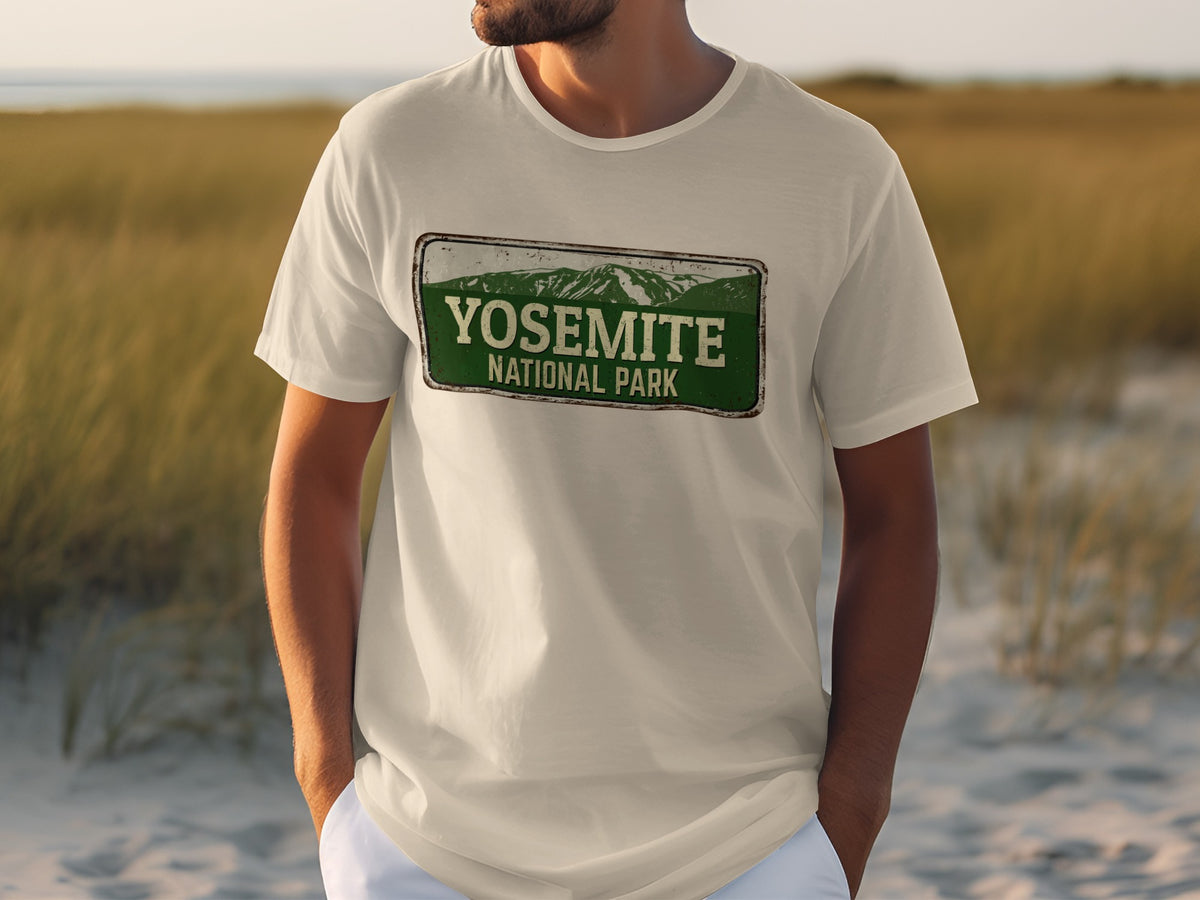 T-shirt with distressed Yosemite National Park sign graphic.