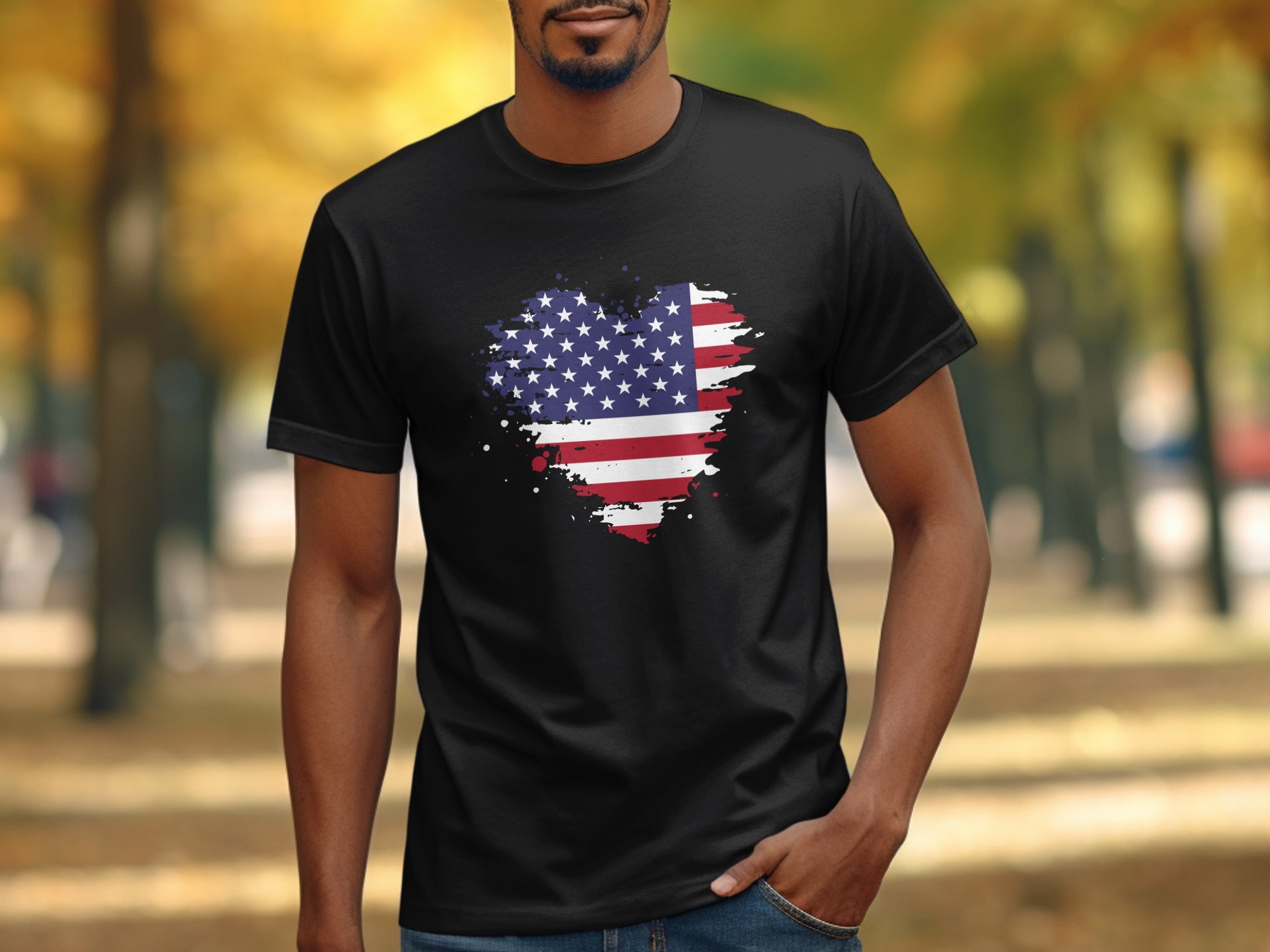 Black t-shirt with a distressed American flag heart design.