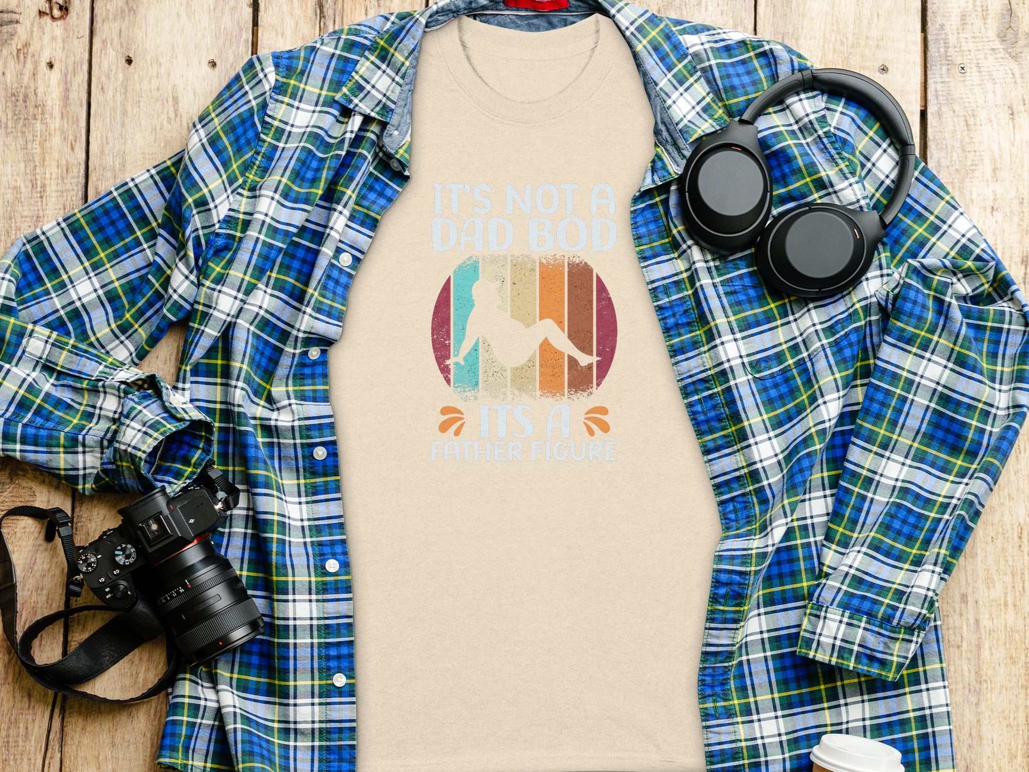 Cream t-shirt with "It's Not A Dad Bod, It's A Father Figure" text.
