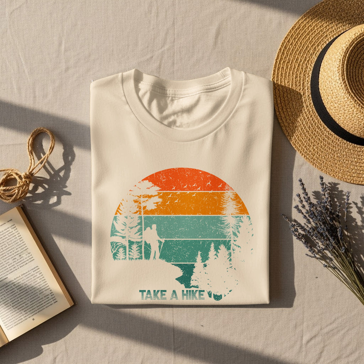 T-shirt with retro sunset graphic and "Take a Hike" text.