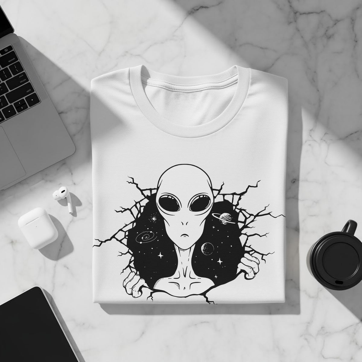 White t-shirt with black alien graphic breaking through cracked background.
