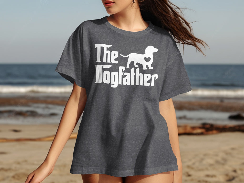 Dark grey t-shirt with white text "The Dogfather" and dachshund graphic.