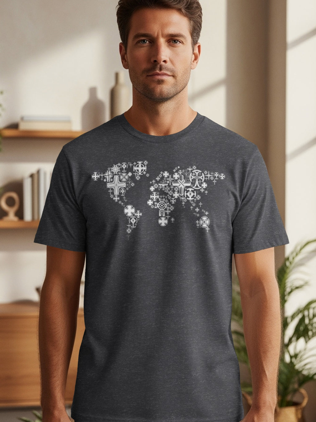 Dark grey t-shirt featuring a world map design made of various cross symbols.
