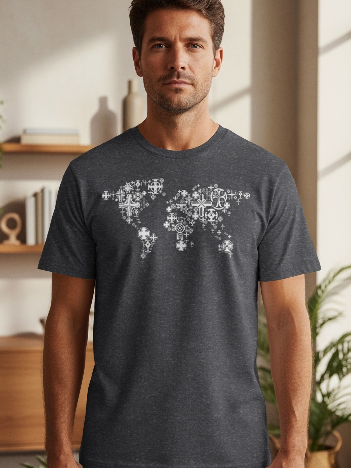 Dark grey t-shirt featuring a world map design made of various cross symbols.