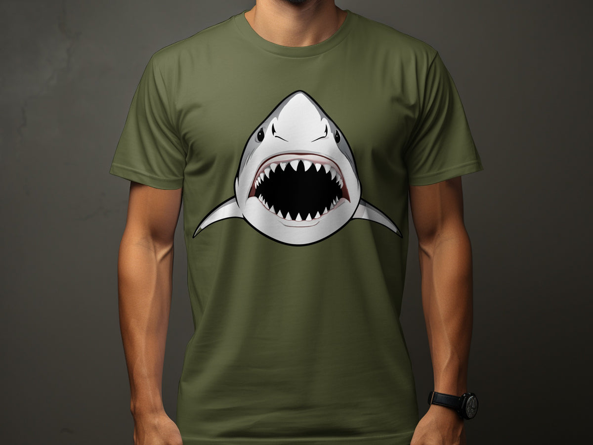 Green t-shirt with a graphic of a great white shark's open mouth.